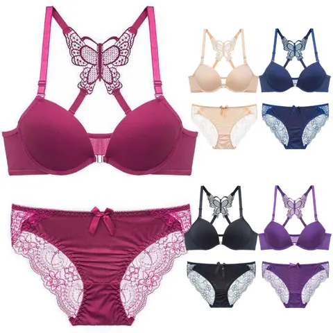 Women Custom ladies Sexy Underwear Push Up Bra Butterfly Closure Lace honeymoon Bra and Panty set