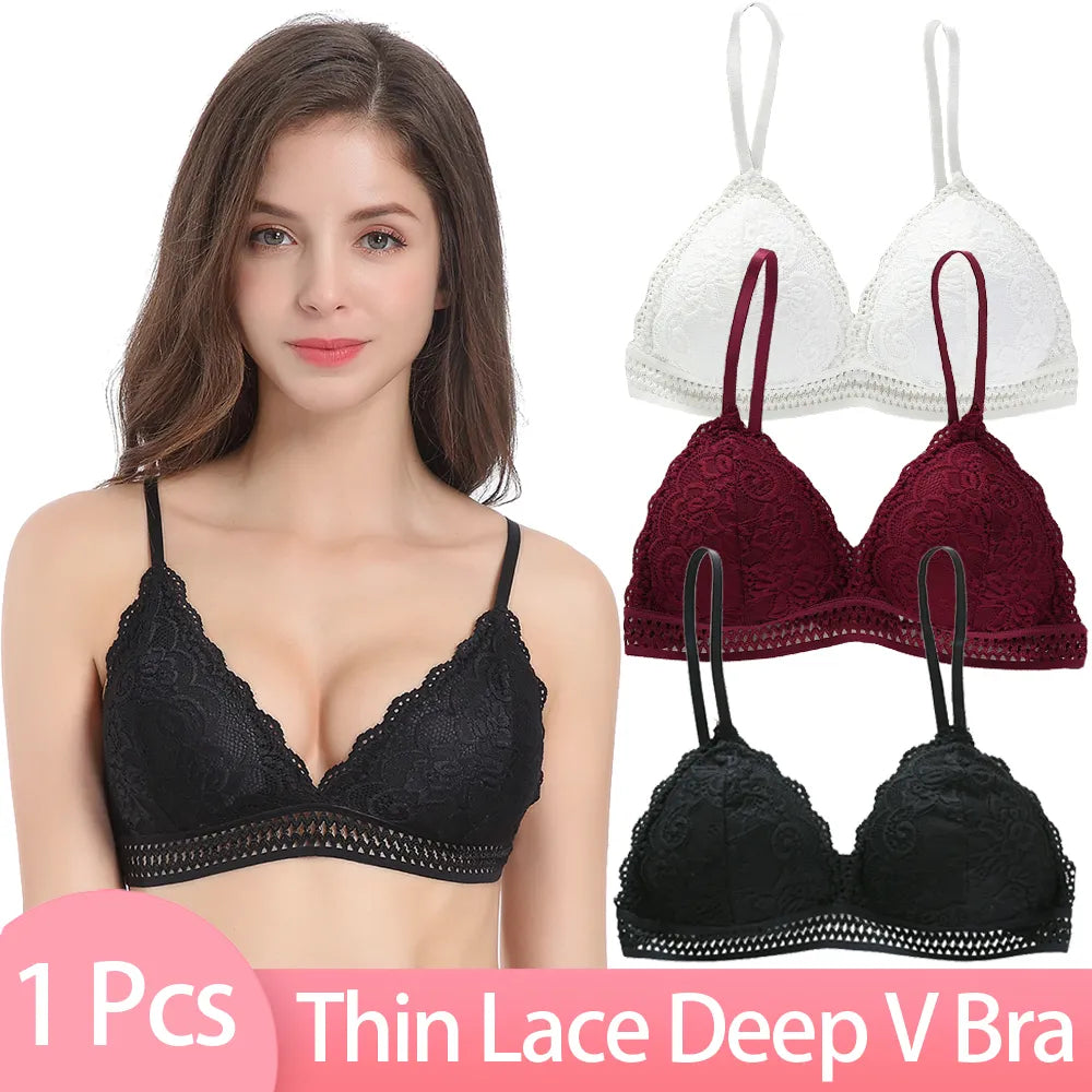 Deep V Lace Bra Crop Top Triangle Cup Seamless