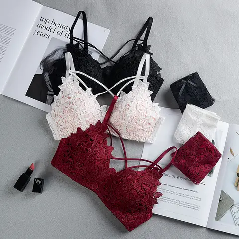 New fashion women sexy thin lingerie set 3/4 Cup embroidered lace wireless sexy bra