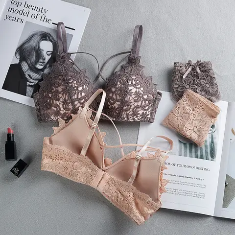 New fashion women sexy thin lingerie set 3/4 Cup embroidered lace wireless sexy bra
